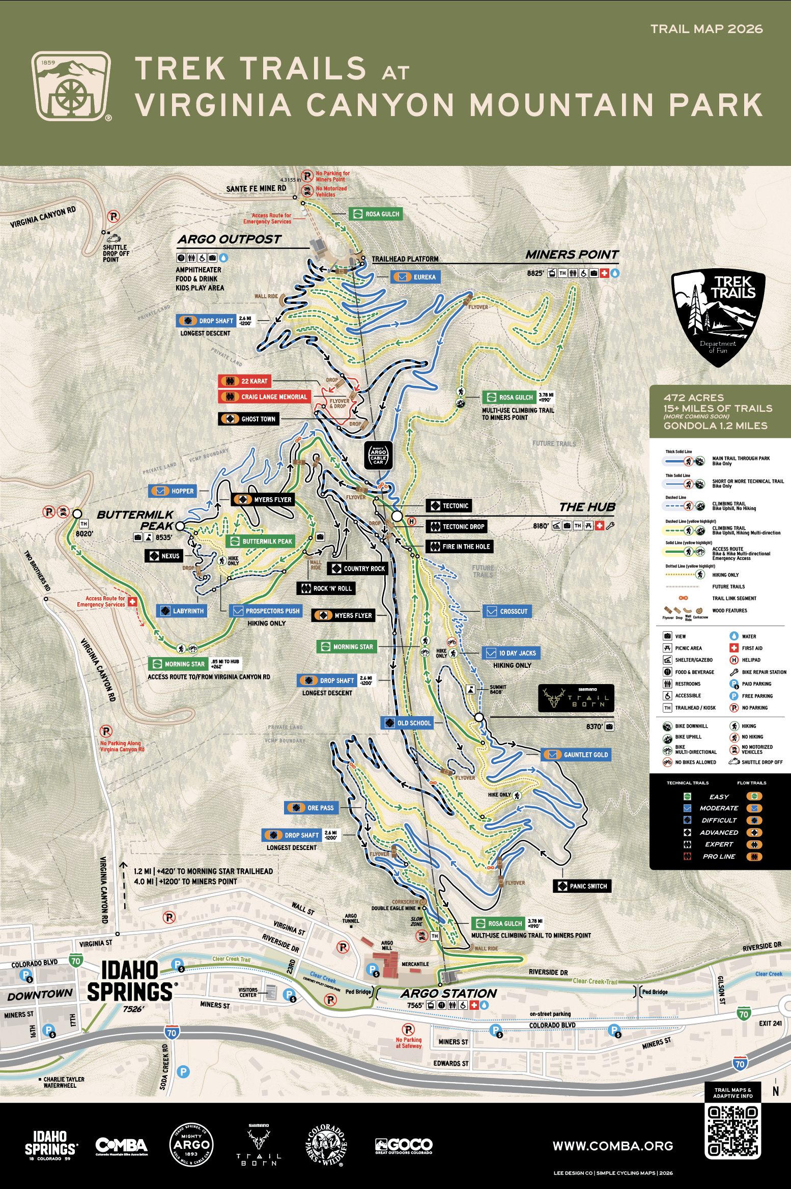 Trek Trails at Virginia Canyon Mountain Park — the 2026 trail map, 472 acres and 15+ miles of trail from Argo Station up to Miners Point